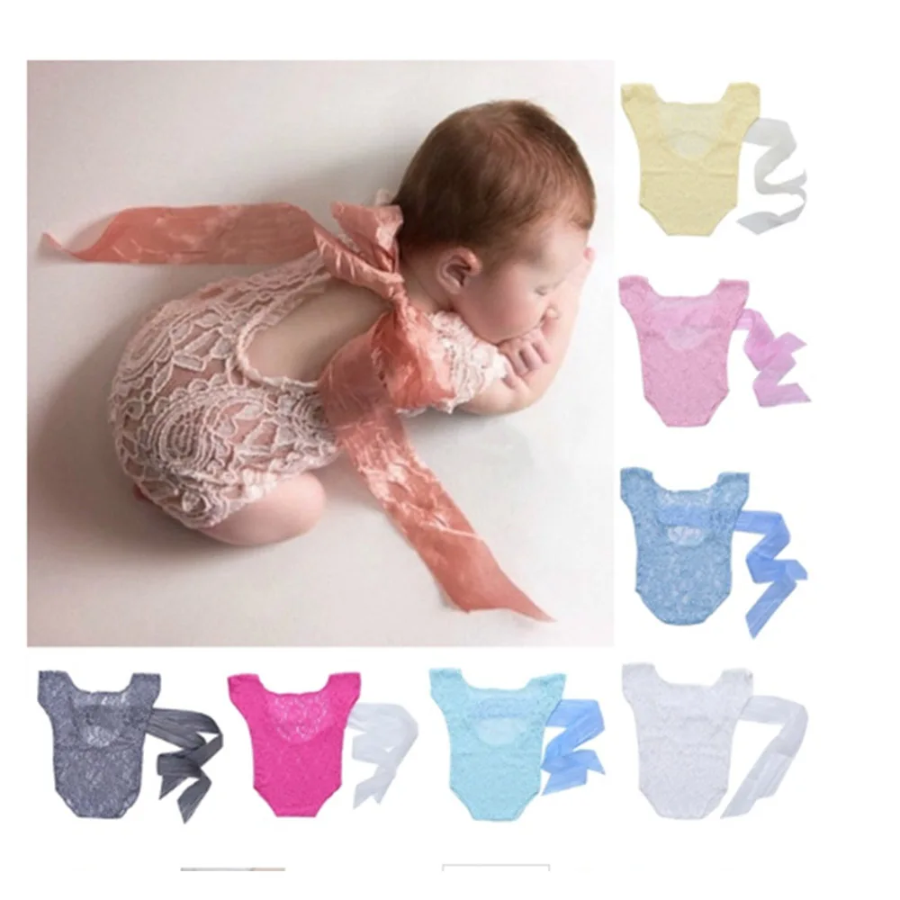Cute Newborn Baby Girl Lace Silk Bow Back Romper Jumpsuit Photography Prop Outfit New  Infant Costume Babe Clothing