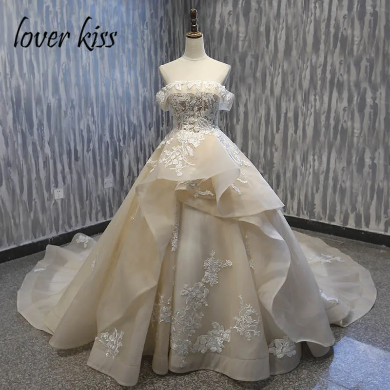 

Lover Kiss Vestido De Noiva Luxury 2019 Boat Neck Champagne Wedding Dress Off The Shoulder Wedding Ball Gowns robe de mariage