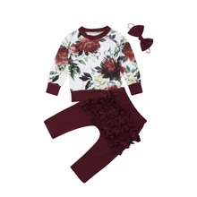 Модная одежда с цветочным принтом для маленьких девочек свитер с длинными рукавами и цветочным принтом топы+ длинные однотонные штаны с драпировкой+ повязка на голову, комплект из 3 предметов для малышей