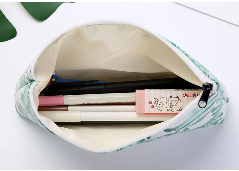 Чехол из искусственной кожи для карандашей с тропическим принтом, сумка для карандашей с листом на молнии, вместительная косметическая сумка для хранения канцелярских принадлежностей для студентов