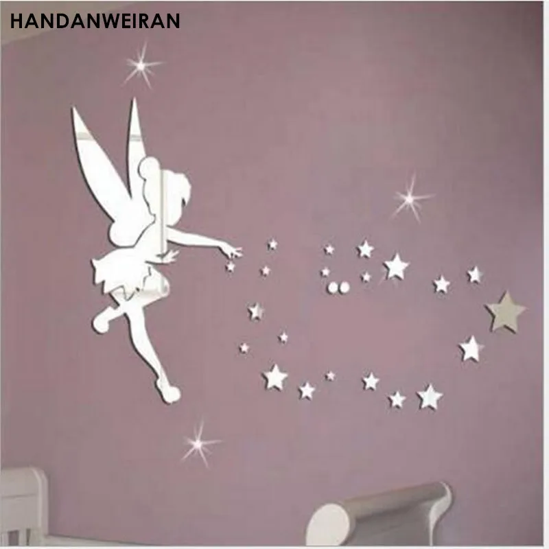 

1SETS 3D Fairy blowing star acrylic mirror wall stickers green wall stickers home decoration with a glue for kids