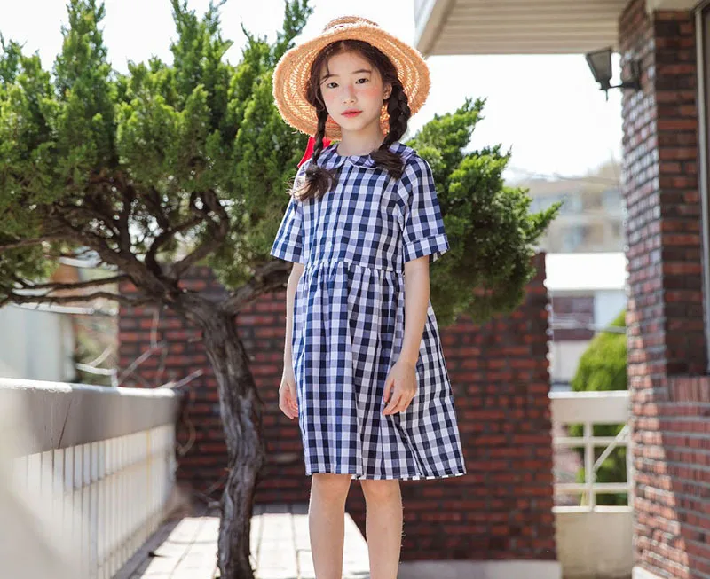 Blue Plaid Casual Dresses For Kids Cotton Short Sleeve Summer 2019 Dress Baby Big Girls Knee Length Dress Clothes 5 6 8 10 Years (4).jpg