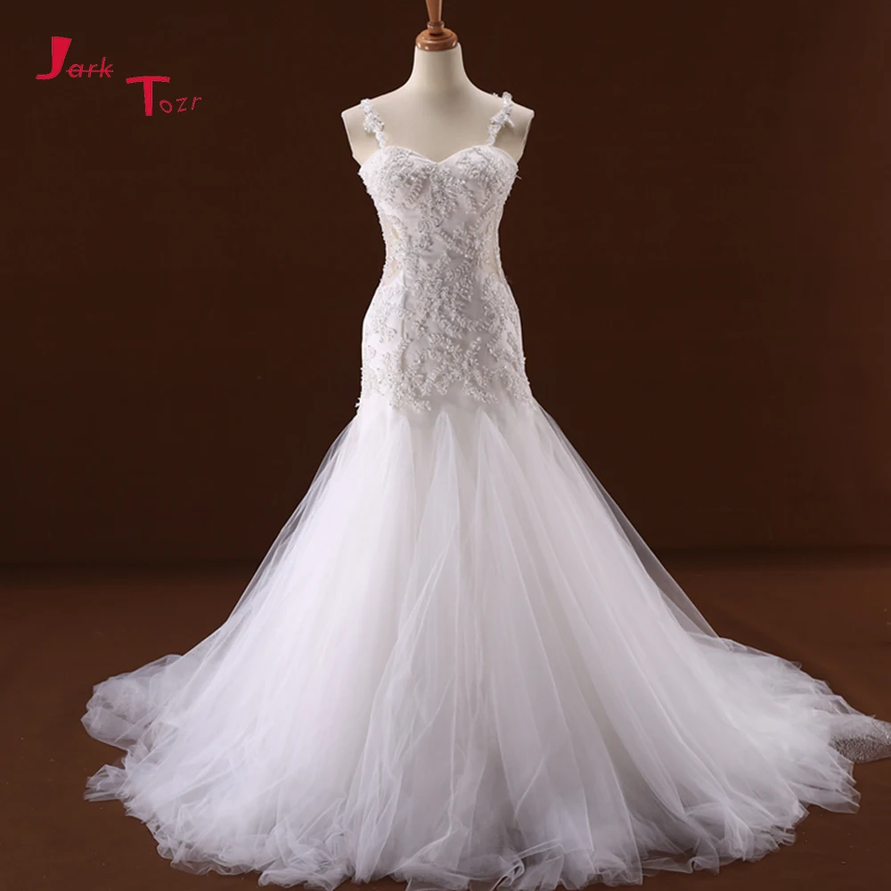 

Jark Tozr Custom Made Sweetheart Spaghetti Straps Transparent Back Appliques Beads Pearls Ivory Navy Blue Mermaid Wedding Dress