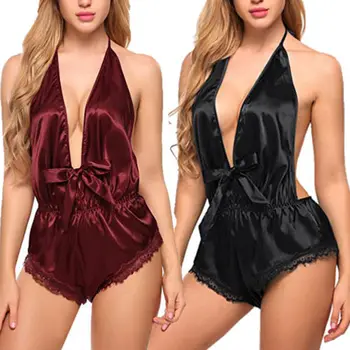 

Women Satin Robe Rompers Solid Gown V-neck Sleeveless Babydoll Sleepwear