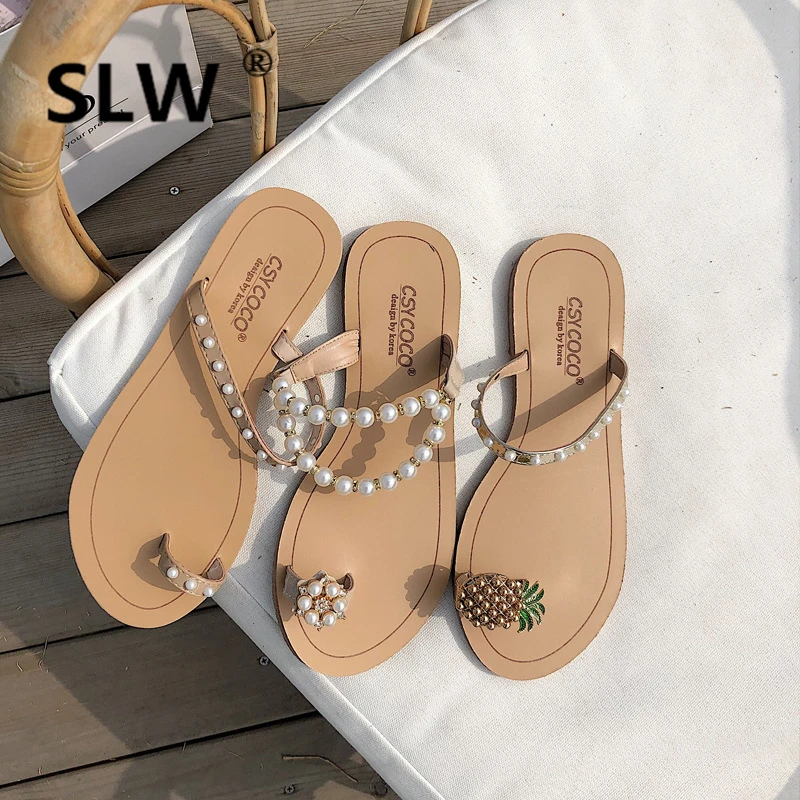 

Slides Ladies Flip Flops Women's Slippers 2019 Shoes String Bead Sliders Flip-flops New Summer Luxury Flat Rome