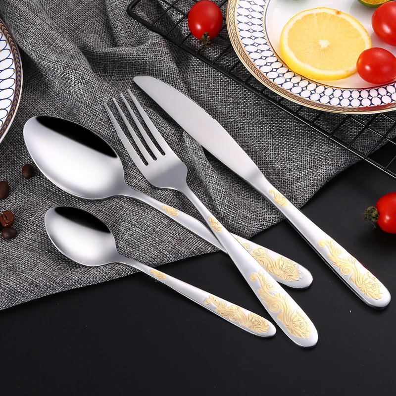 

Lemeya 24Pcs/Set Stainless Steel Gold Plated Cutlery Set Dinnerware Silverware Steak Knife Fork Spoon Western Food Tableware Set