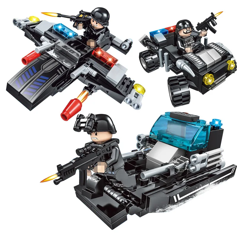 Pаспродажа 8 шт. лот LegoINGs SWAT городской полицейский грузовик строительные блоки наборы корабль вертолет автомобиль кубики для творчества Playmobil игрушки ...