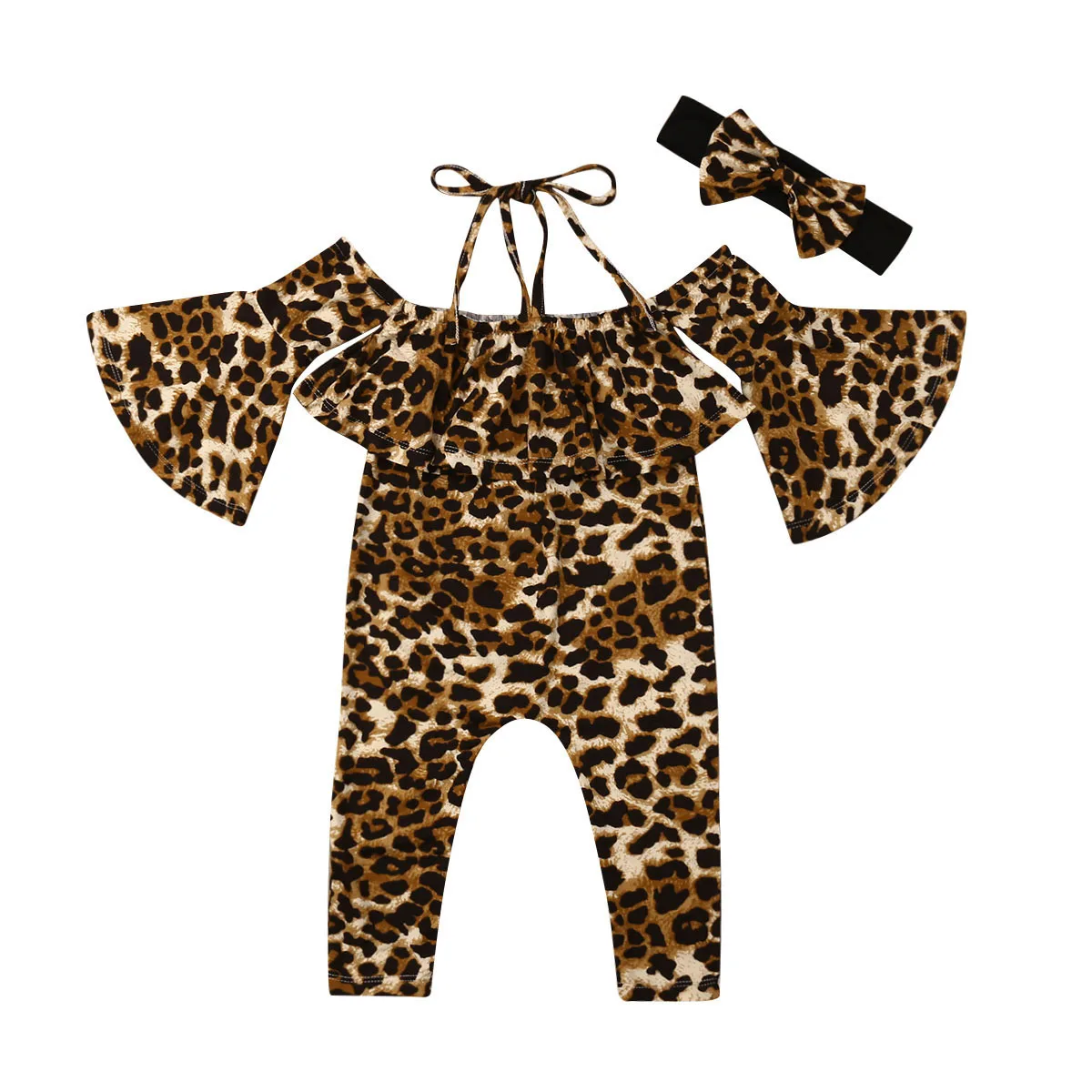 

1-6Y Fashion Toddler Kids Baby Girl Off shoulder Flare Sleeve Strap Leopard Romper Jumpsuit Headband 2PCS Girls Clothes