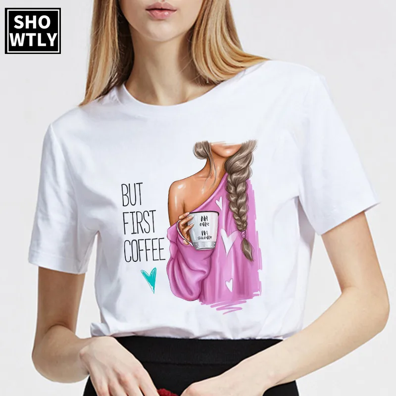 Showtly Mommy but first coffee летняя забавная женская футболка оверсайз корейская модная