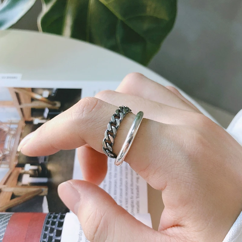 

925 Sterling Silver Chain Intersect Ring Women Ring Vintage Silver Personality Thai Silver Female Ring Fashion Jewelry Size6/7/8