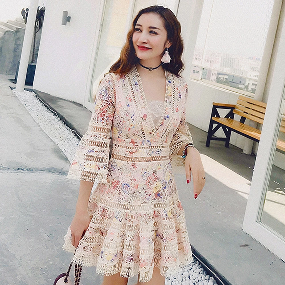 

Red RoosaRosee 2019 Summer Flower Print Hollow Out Embroidery Flare Sleeve Mini Dress Holiday Party Cotton Vestidos Robe Femme