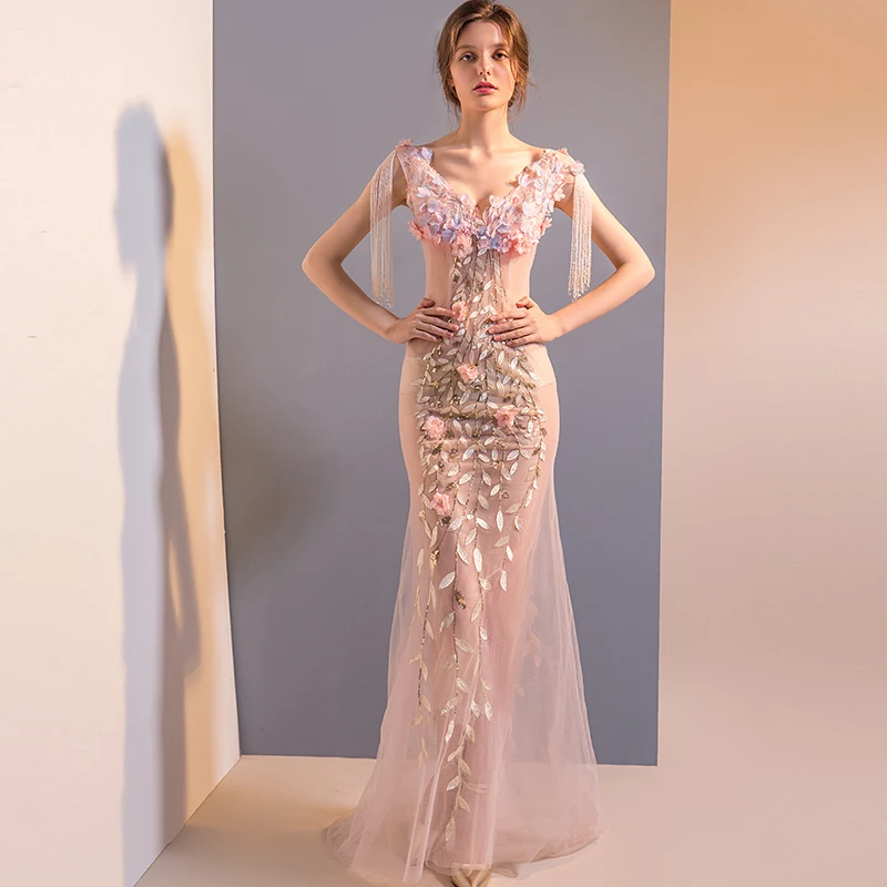 

Sladuo Pink Mesh Lace Flower Embroidery &Tassel Slim Sexy Perspective Teenage Women's Long Party Dress