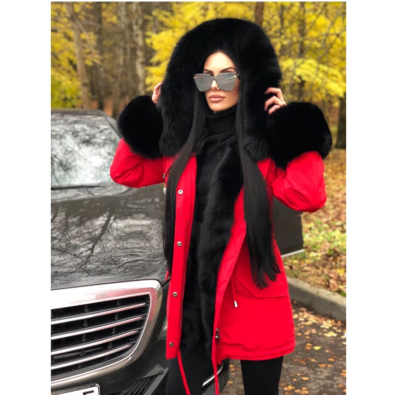 Модная красная куртка с воротником и капюшоном из натурального Лисьего меха, толстые парки на подкладке из кроличьего меха для женщин, зимняя меховая парка хорошего качества