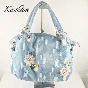 

Kesthton denim jean casual women handbags designer weaving shoulder bags rhinestone decorative womens messenger bag totes