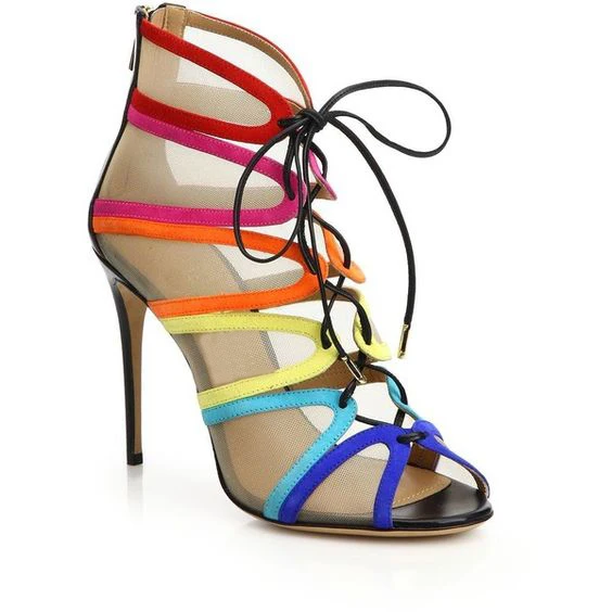 

2017 Top Selling Summer Multi Color Strip High Heel Lace Up Sandals Open Toe Mesh Patchwork Dress Sandals Wedding Party Shoes