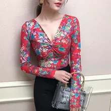 2019 Spring Summer Woman Korean Style Long Sleeve V-neck Floral Print Slim Fit T Shirt Sexy Club T Shirt Plus Size Dance T Shirt long sleeve plus size palm print asymmetrical t shirt