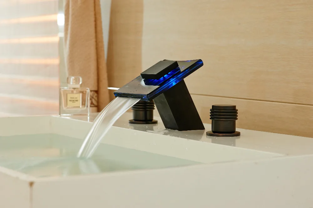 

LED Waterfall Bathroom Basin Faucet 3 Holes Oil Rubbed Bronze Face Mixer Tap