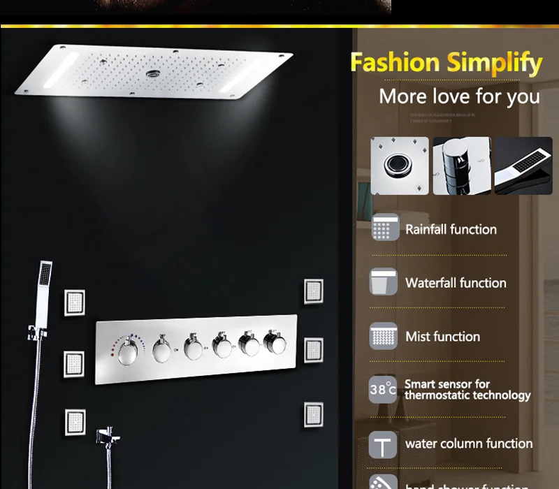 Embed Ceiling Rainfall Showers Set Massage Spray Led Electric Power Bathroom 5 Way Conceal Install Thermostatic Shower Faucets  (19)