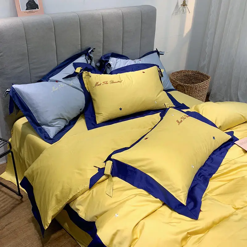 Синий желтый из египетского хлопка King size комплект двуспального постельного белья Звезда вышивка пододеяльник простыня с покрывалом на