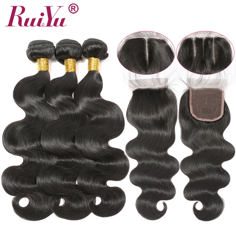melhor 3 brasileiro da Onda Do Corpo Pacotes Com Fecho de Cabelo Humano Bundles Com Lace Encerramento Free Médio Três Parte RUIYU não Remy Cabelo Tecer