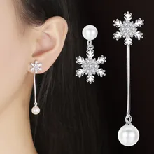beautiful asymmetric long snowflake pearl sexy temperament high-end tassel earrings ladies