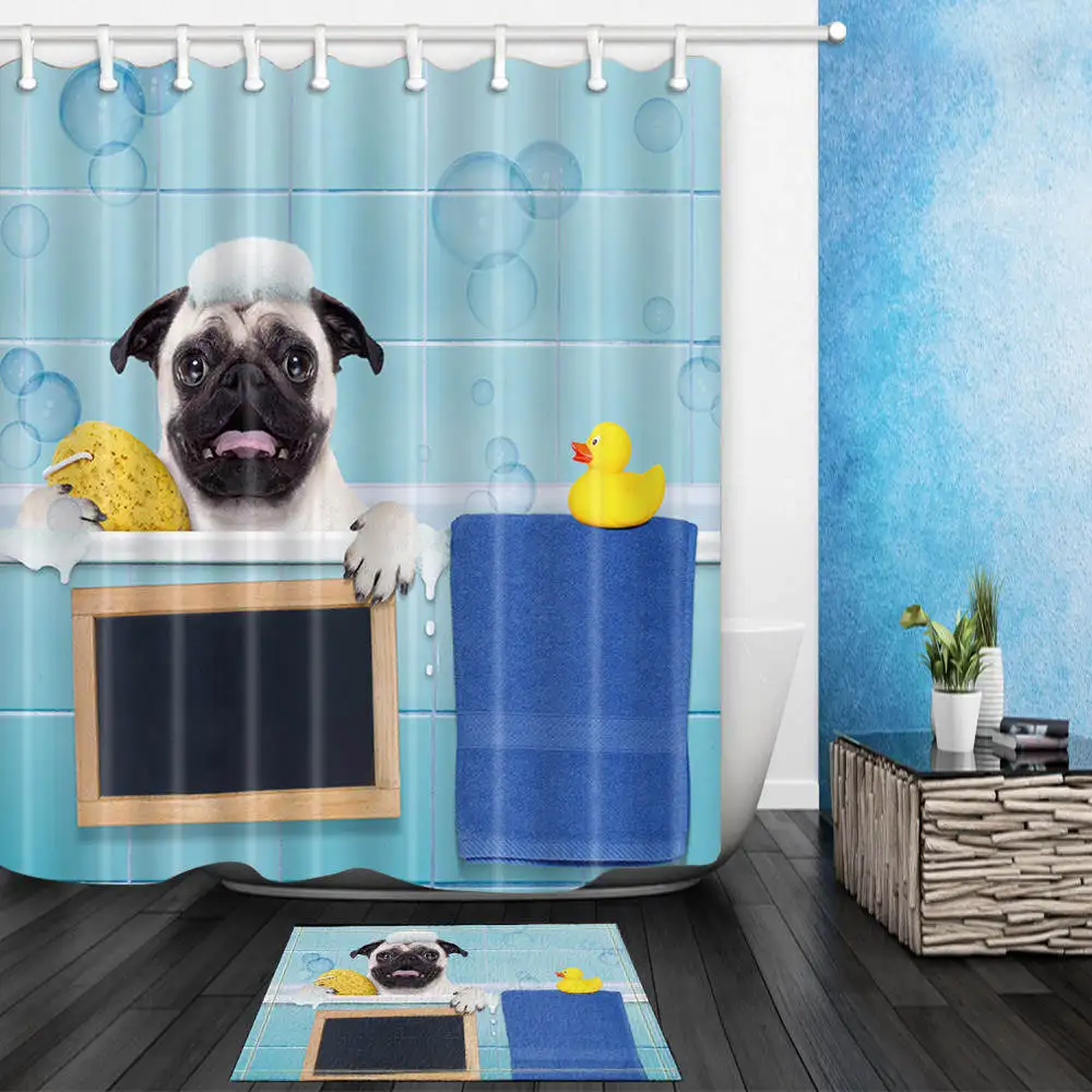 Animal Dogs Cat Pet Cartoon Shower Curtain Waterproof Polyester Fabric