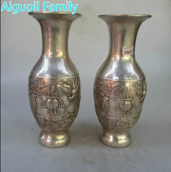 

Collectible 1 Pair of Chinese Ming/Qing Dynasty Decorated Old Handmade Tibet Silver Dragon phoenix Vase/Antique Metal Vase 003