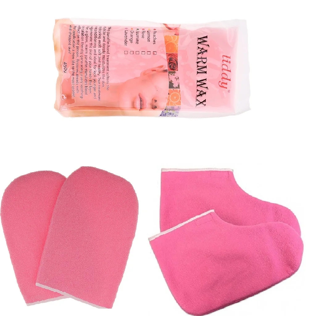 Paraffin Wax Bath Terry Cloth Gloves Booties, Wax Cotton Mittens and 420g Peach Flavor Antibacterial Paraffin Waxing Cream