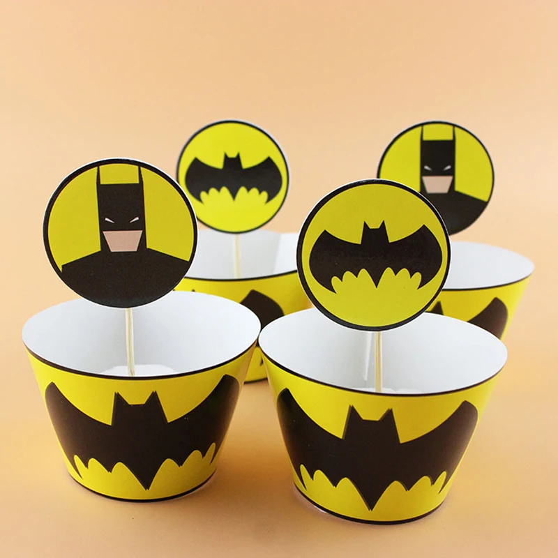 

24PC Boys Favors Baby Shower Batman Theme DIY Bake Cupcake Wrappers Happy Birthday Party Decoration Cake Toppers Events Supplies