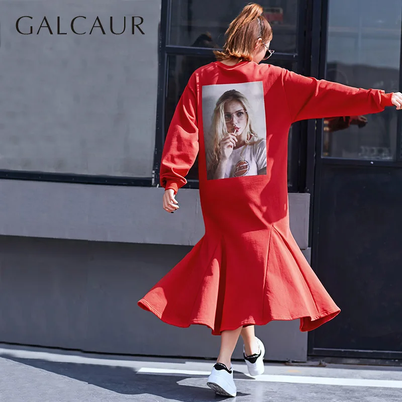GALCAUR Batwing Sleeve Women Dress Long Character Loose Big Size Dresses Female Ruffles Clothes Spring Fashion Vestidos | Женская одежда