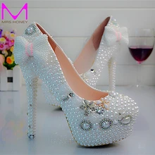 Luxuriöses Brautkleid Schuhe Perle Bowtie Handgefertigte High Heels Nachtclub Prom Party Pumpen Weiße Perle Brautjungfer Schuhe