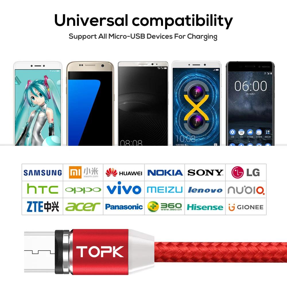 TOPK 1 м (3 3 фута) светодиодный магнитный кабель Micro USB Премиум нейлоновый Плетеный