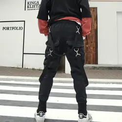 Для мужчин джоггеры пот Штаны высокое уличный стиль хип-хоп шаровары Штаны мужской уличной пряжка с лентой свободные Повседневное брюки