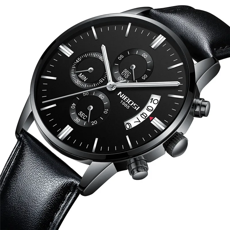 

NIBOSI Business Men's Black Watch Dial Metal Band Famous Top Brand Luxury Men Fashion Dress Military Quartz Silver Wristwatches