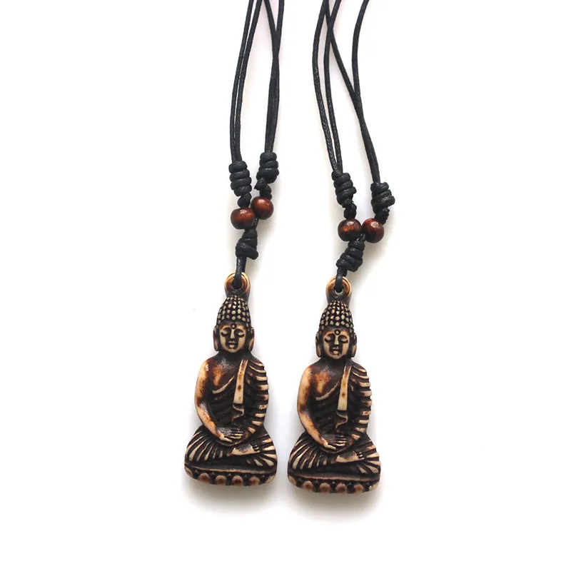 

12pcs Fashion Jewelry Necklace Imitation Yak Bone Luck Buddha Charm Pendant Necklace Adjustable Wax Cord 17-33''