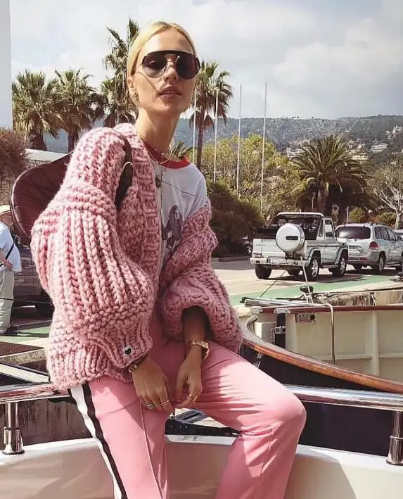 Pink Coarse Knitted Sweater Women 2019 Winter Fashion Lantern Sleeve Cardigan Female Open Front Korea Sweater Coat