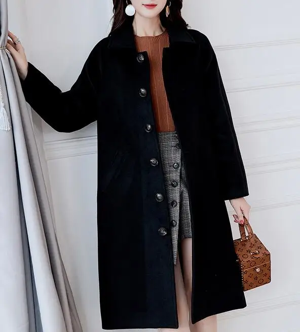 

Korean Wool Blend Coat Women Long Sleeve Turn-down Collar Outwear Jacket Casual Autumn Winter Women black red Elegant Overcoat