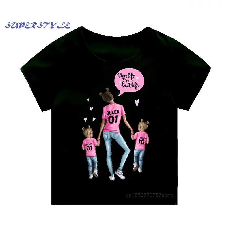 Детская футболка для девочек «супер мама» модные черные футболки с принтом «любовь» для мамы и ребенка, Kawaii, детские топы с надписью «Mommy's Love» dHKP228