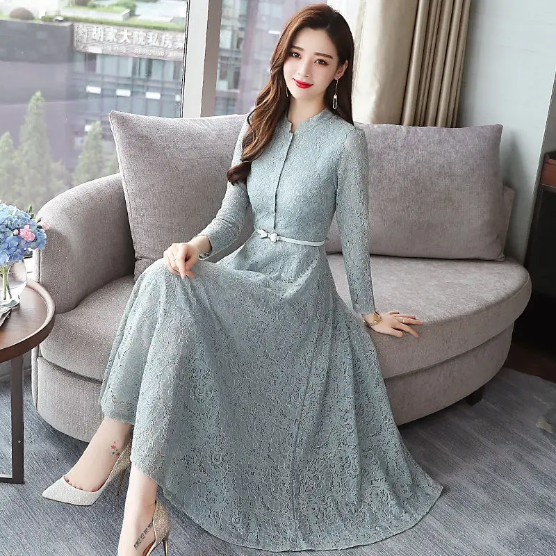 

2019 Autumn Winter Plus Size Vintage Lace Midi Dresses Women Elegant Bodycon Black Maxi Dress Party Long Sleeve Runway Vestidos