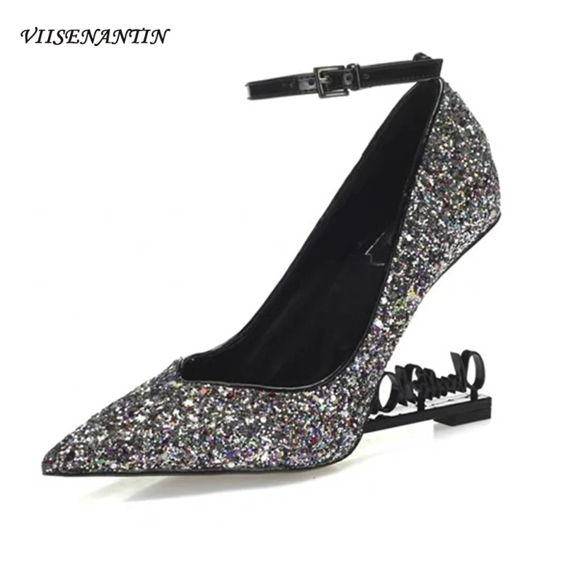 

VIISENANTIN Sexy Hollow Out Letters Heel Women Pumps Shoes Patent Leather Bling Sequins Pointed Toe Shallow Mouth Female Shoe