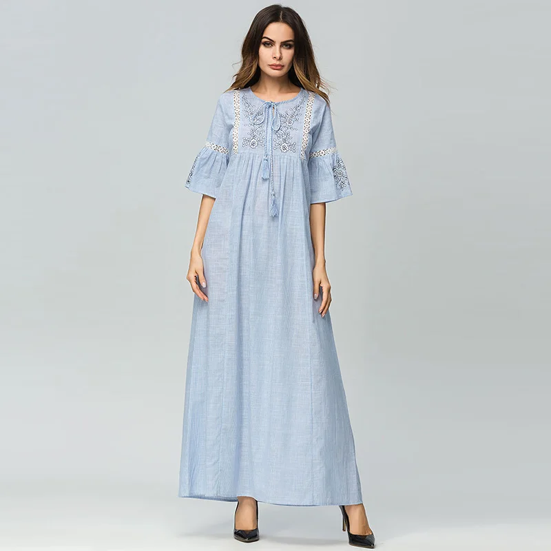 ShejoinSheenjoy Half Flare Sleeve Embroidery A-Line Ladies Party Dresses O-Neck Tassel Bow Hollow Out Sexy Women Long Dress (2)