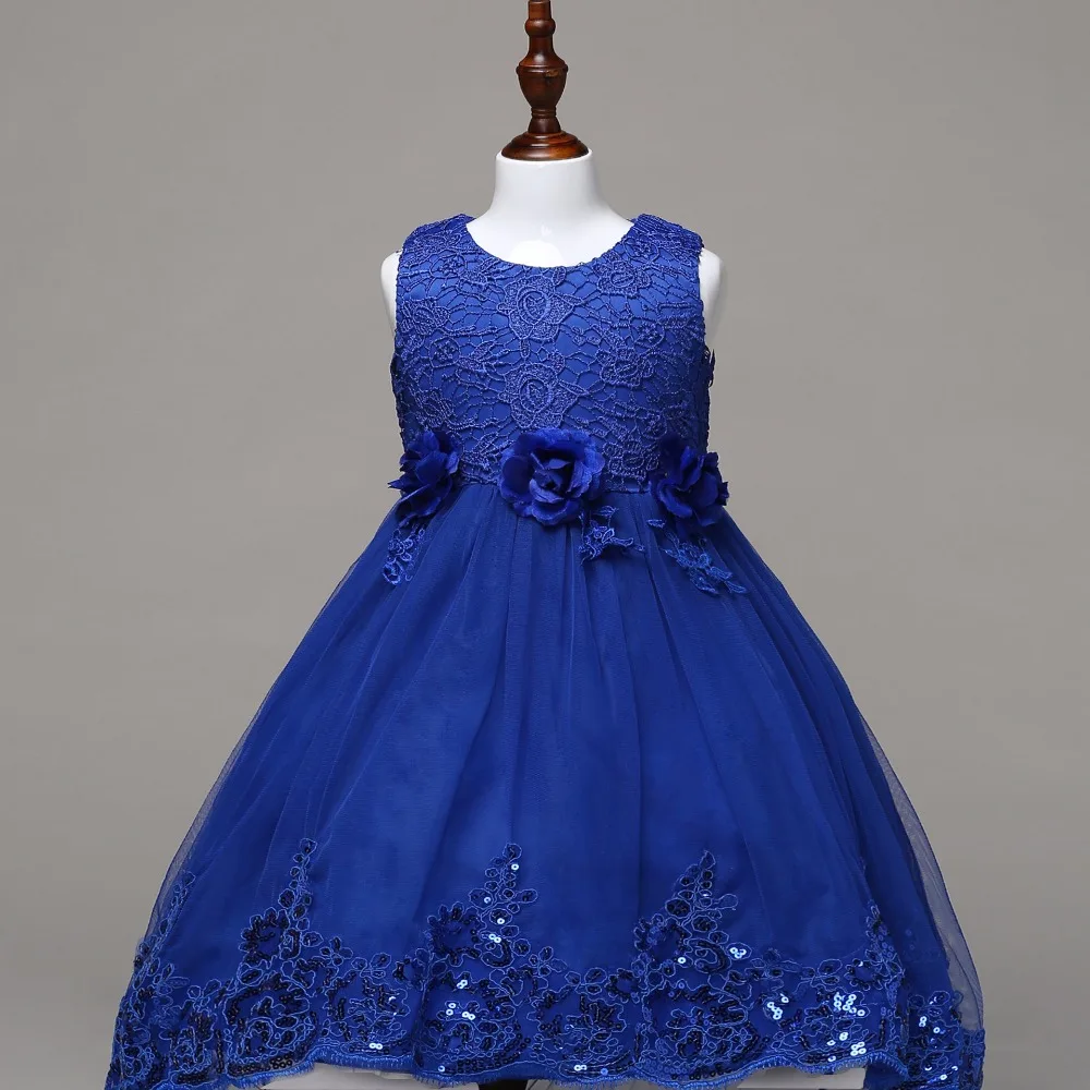 2019 девушки Нарядные платья с Кепки рукава Синий бальное платье Аппликации Тюль для девочек в цветочек платья для маленьких девочек