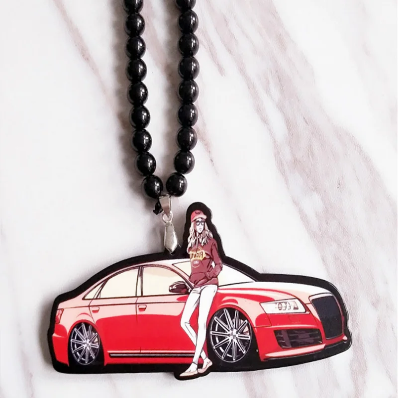

Red Cool Car Beauty Girl Double Sides Printed Badge Fashion Pendant Car Rearview Mirror JDM Ornament Hip Hop Necklace for Audi