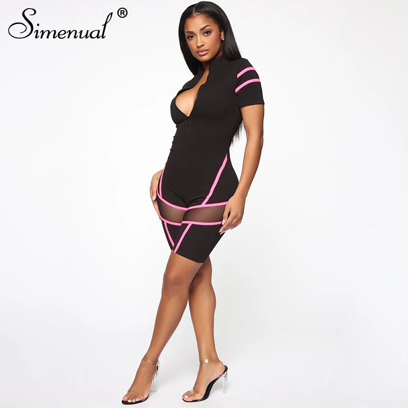 Simenual Neon Striped Fitness Rompers Womens Jumpsuit Sporty Zipper Patchwork Active Wear Workout Biker Playsuits Fashion Casual Simenual Neon Striped Fitness Rompers Womens Jumpsuit Sporty Zipper Patchwork Active Wear Workout Biker Playsuits Fashion Casual