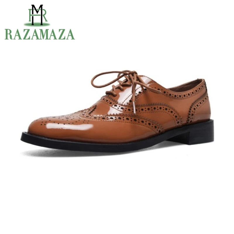 

RAZAMAZA British Style Women Real Genuine Leather High Heel Shoes Women Hallow Out Block Thick Heel Pumps Women Shoes Size 34-40
