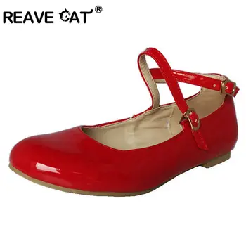 

REAVE CAT Big size 30-47 US16 New Sweet Candy Ladies Flat shoes Cute Flats Patent leather Glitter Buckle Rubber Black Red RL661