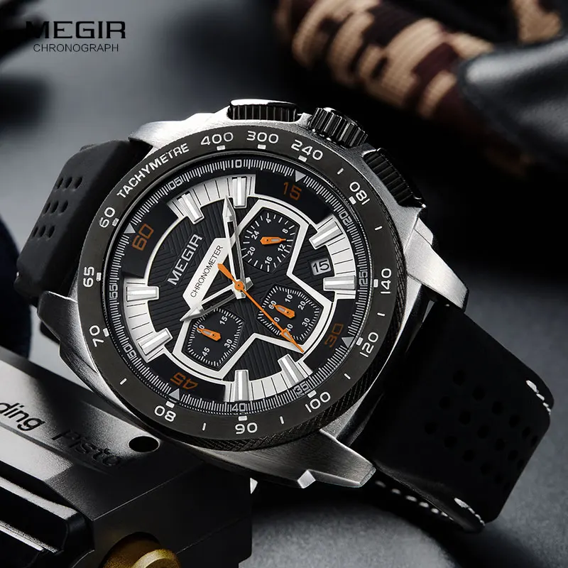 Megir Men's Army Sports Chronograph Quartz Watches Silicone Band 24 Hours  Military Waterproof Wristwatch for Man 2056GS-BK-1
