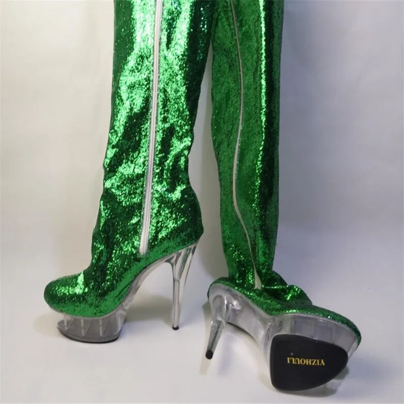 Big size 34-46, Glitter PU Leather Knee High Boots Women Crystle High Heels Platform Over The Knee Boots Night Dance Shoe