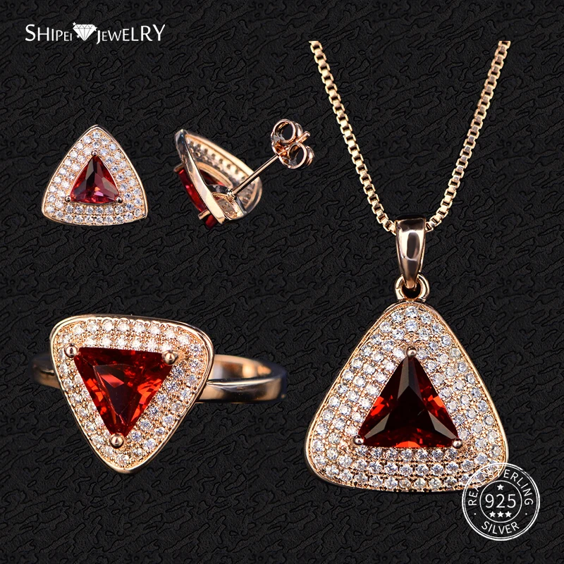 Shipei Sterling Silver Ruby Triangle Jewelry Set Rose Gold Stud Earrings Pendant Necklace Ring For Women Fine Jewelry