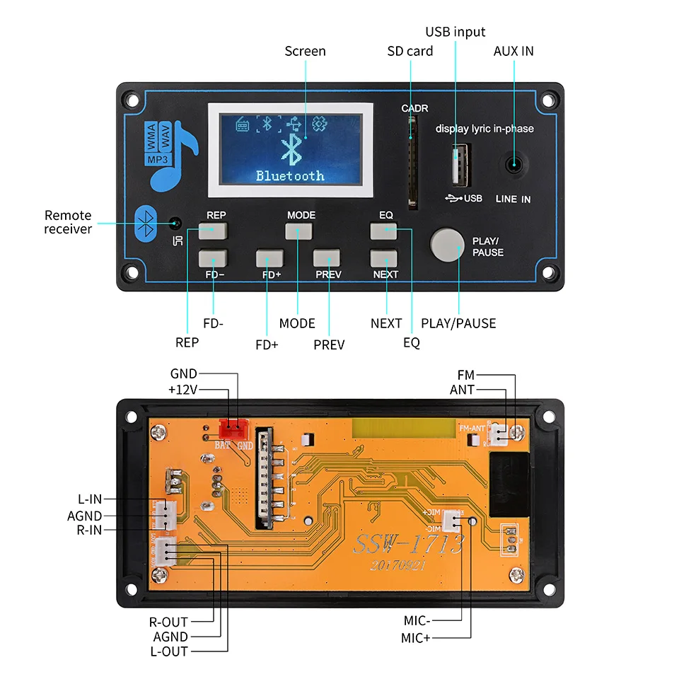 AIYIMA Bluetooth MP3 декодер плата WMA USB SD FM AUX декодирование автомобиля MP3 модуль синхронизация текста DIY динамик усилитель домашнего кинотеатра